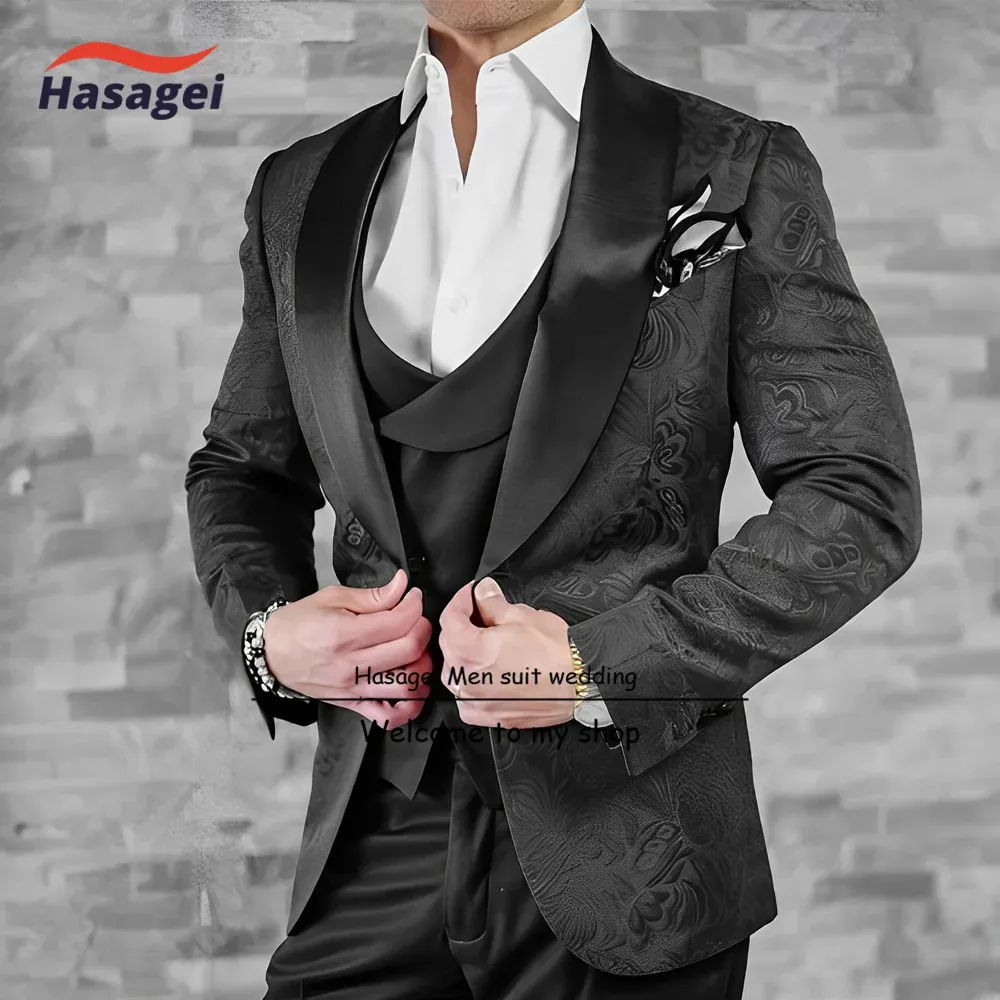 Herren-Bräutigam-Terno-Anzug, italienisches Design, individuelle schwarze Smoking-Jacke, 3-teiliges Set, Weste und Hosen, Hochzeit 231227