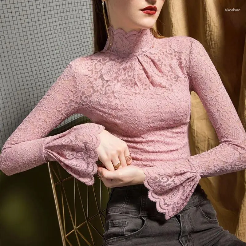 Women's Blouses Blouse Women Autumn Lace Shirt Stretch Turtleneck Bell Sleeve Blusas Mujer De Moda Korean Tops Fashion Ladies