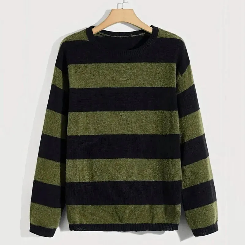 2023 Men's Casual Vintage Stripe O-Neck Knitted Flower Sweater Street Clothing Super Large Solid Color Long sleeved Top Luxury 231228