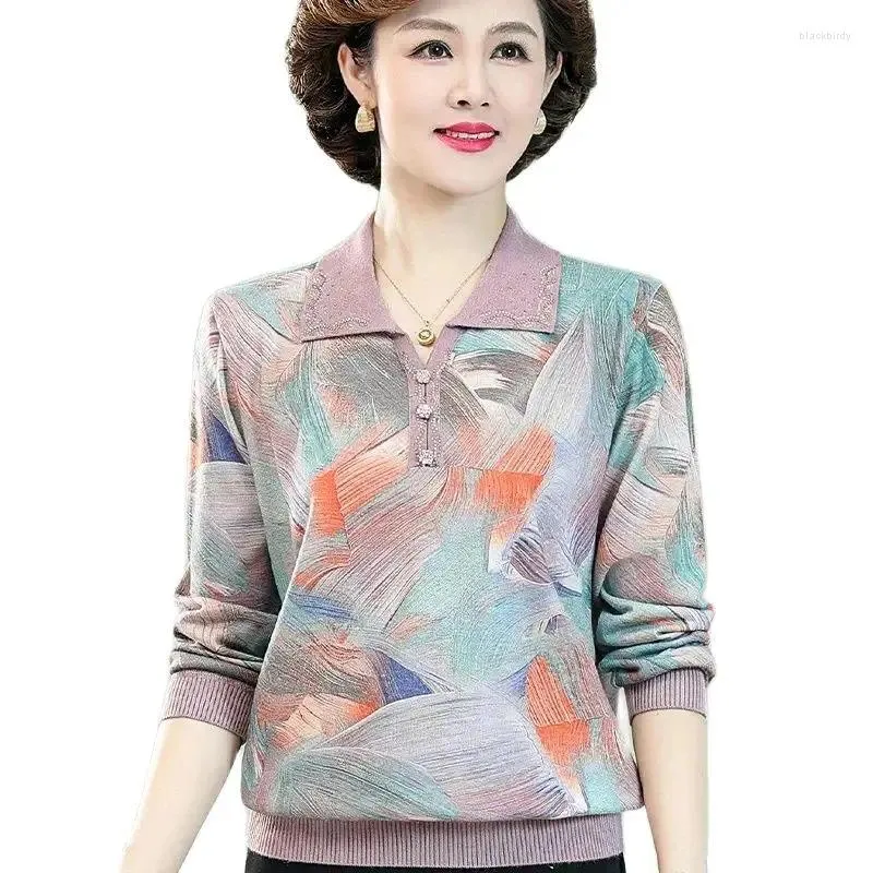 Women's T Shirts Middle Aged Elderly Top Fashion 2024 Spring Autumn Clothing Thin Knitted Sweater Printed Underlay Shirt 5XL