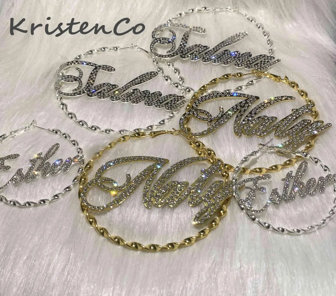 Kristenco Bling Naam oorbellen aangepaste naam Thread Hoop oorbellen Letter Big Personaliseerde Naam oorbellen Women cadeau 2109244389160