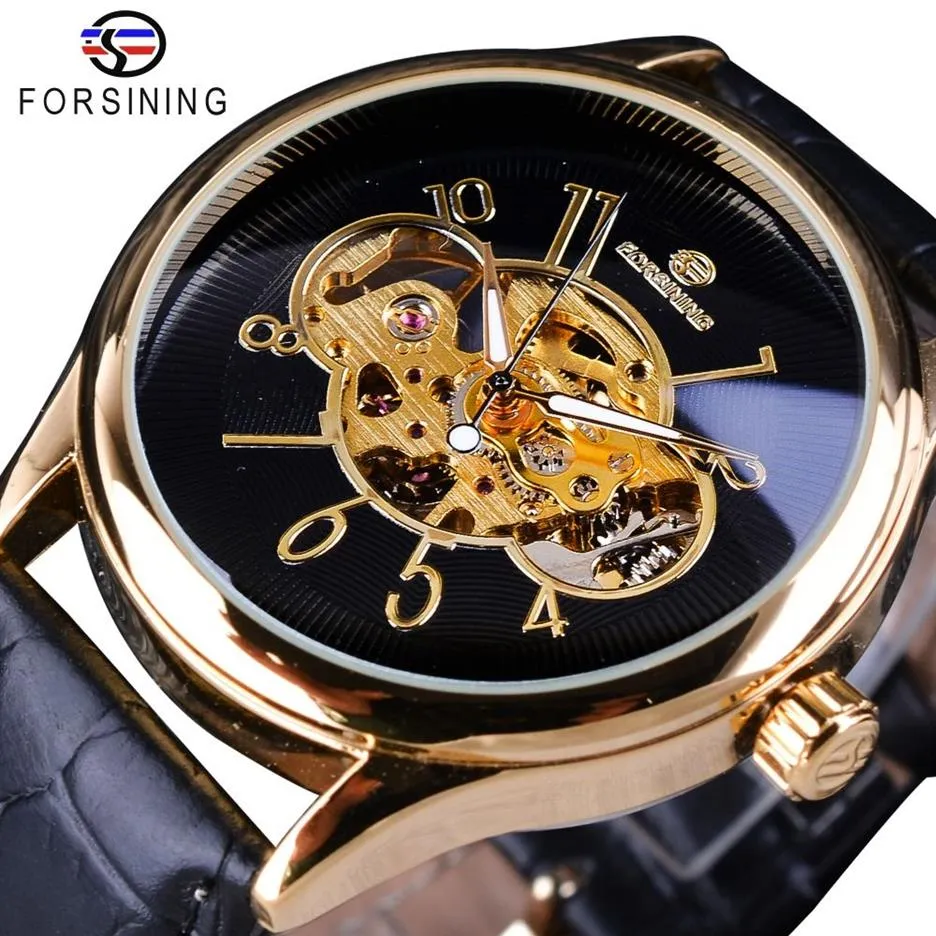 Forsining Classic Creative Skeleton Design Golden Case Transparent Open Work Men Watch Top Brand Luxury Mechanical Wristwatch272c
