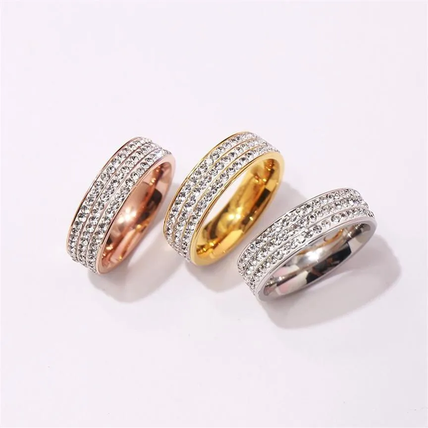 وصول جديد أزياء سيدة 316L Titanium Steel Three صفوف بيضاء Diamond 18K الذهب مطلي بالمراقبة خواتم الزفاف 3 لون حجم 6-9291G