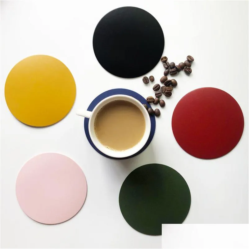 Tapetes Pads Pure Color Tea Cup Pad Simples Criativo Rodada Coaster Não Deslizamento À Prova D 'Água Pu Couro Café Calor Insation LX5203 Drop Deliv Dh62C