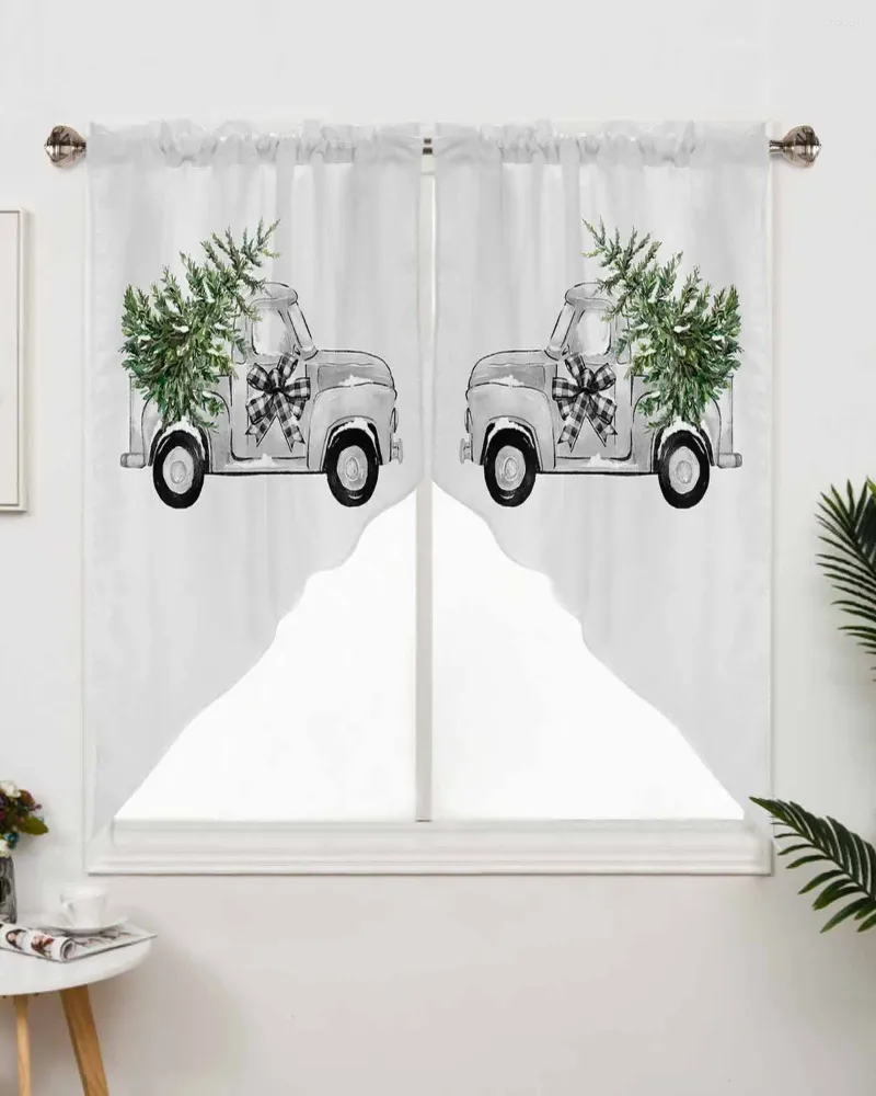 Curtain Christmas White Truck Pine Tree Short Living Room Kitchen Door Partition Home Decor Resturant Entrance Drapes