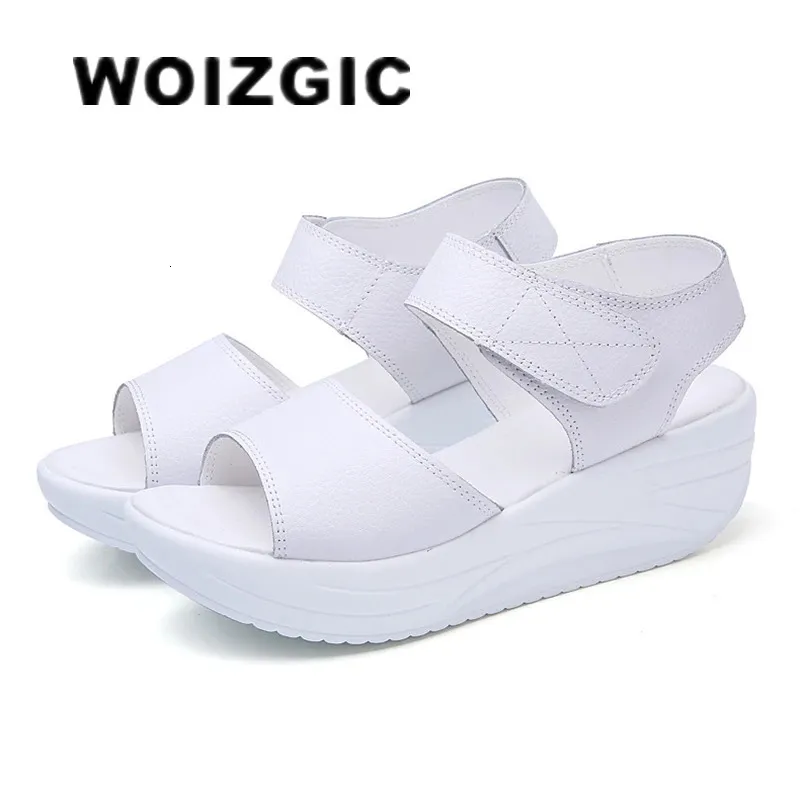 WOIZGIC femmes mère dames femme en cuir véritable chaussures sandales femme plate-forme crochet boucle décontracté été Cool plage AM-9018 231227