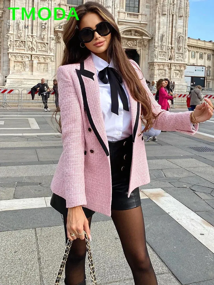 T Moda Women Elegancka tekstura podwójnie piersi Tweed Blazer Long Rleeve Pockets Coats Fash Mode Streetwear Tops 231228