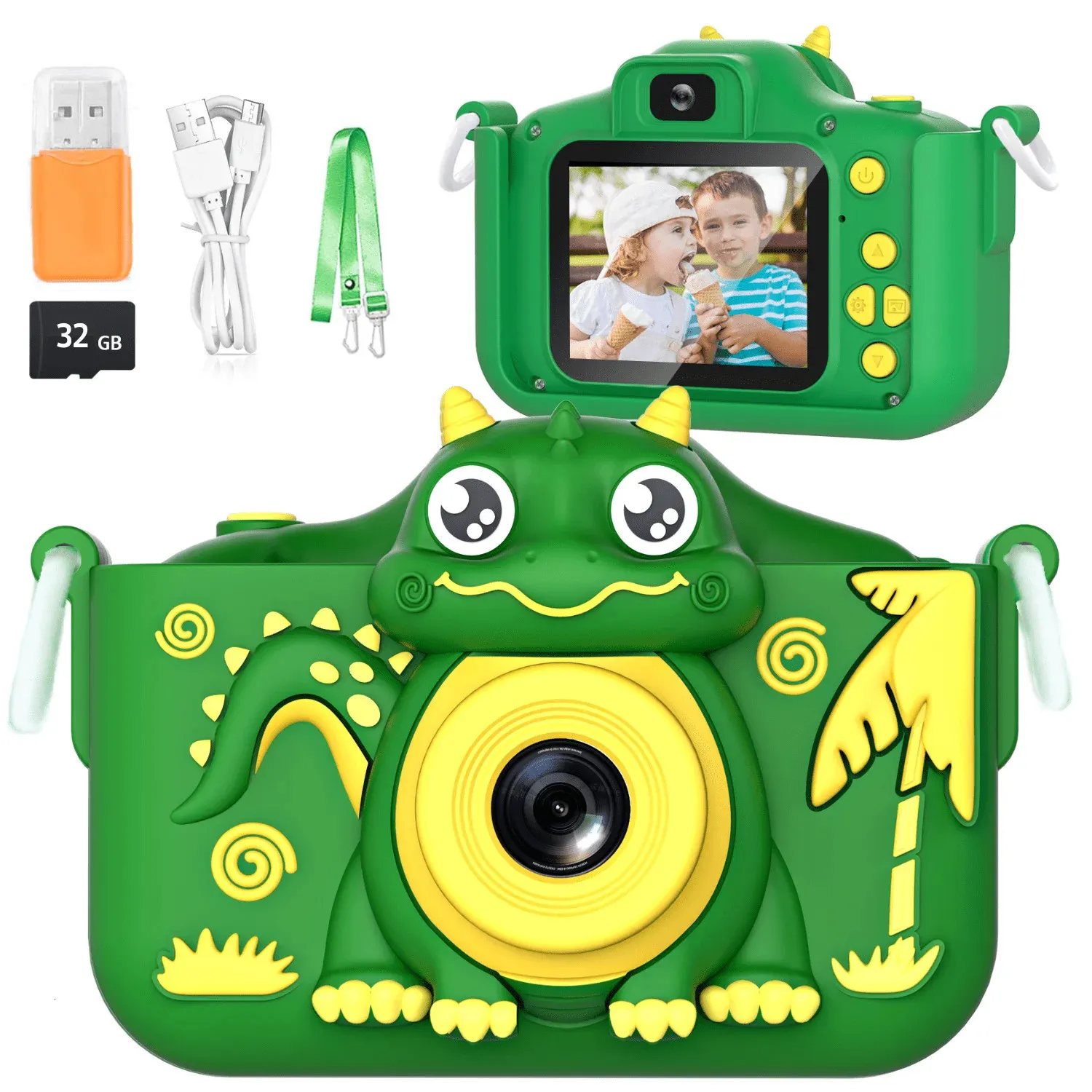 Cartoon Kids Camera Dinosaur 4000W HD Dual Lens Selfie Camera Education Toys 1080p Video Digitalkamera födelsedagspresenter 231227