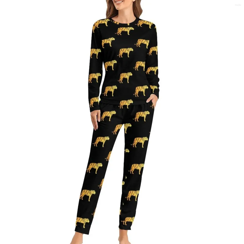 Women's Sleepwear Gold Tiger Pajamas Animal Print Cute Pajama Sets Female Long Sleeves Leisure Home Suit Big Size 4XL 5XL