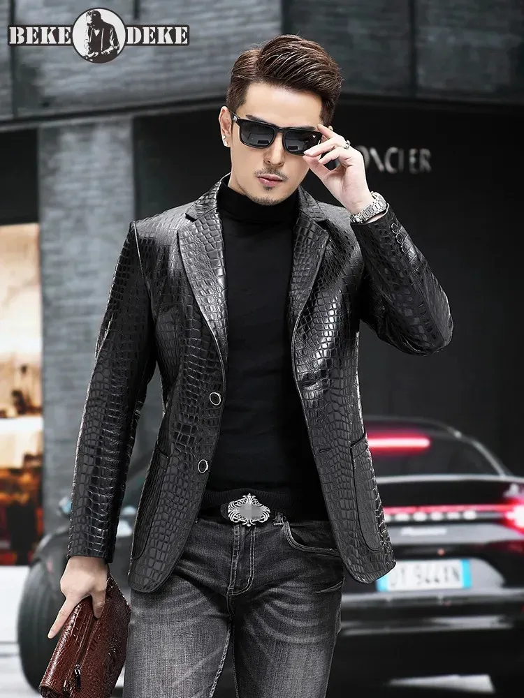 Luxury Business Men Alligator Pattern Genuine Leather Jacket Spring Single Breasted Slim Fit Real Sheepskin Blazer Suit Coat 231227