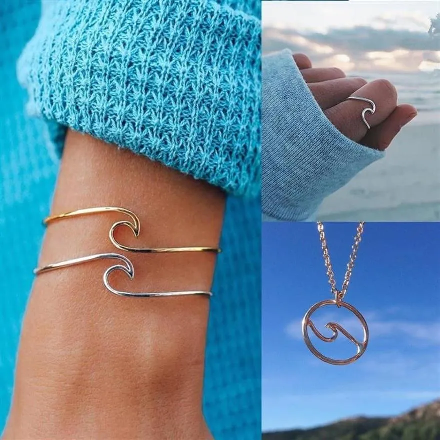 Couchette Simple et exquise Thin Wave Circle Beach Sea Surf Island Bijoux Collier trois pièces Bracelet Ring Set303W