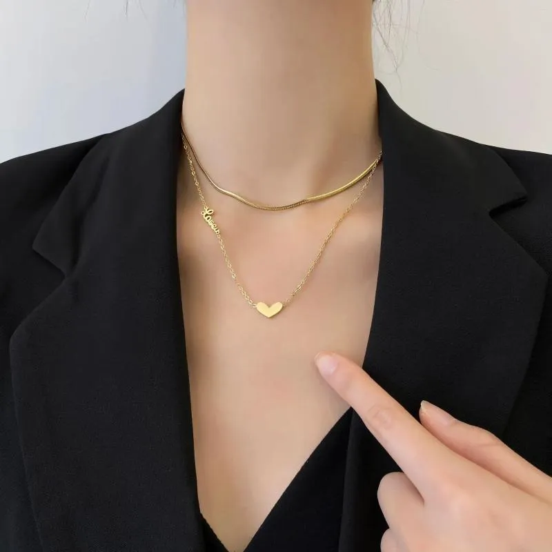 Collares colgantes bicapas de hiphop amando la cadena del cuello del corazón de la clavícula del esmalte negro de acero inoxidable para mujeres joyas de fiesta de gargantilla