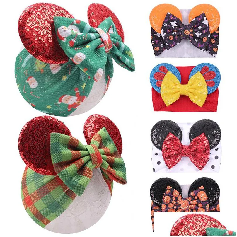 Hårtillbehör 40 Designs Christmas Cartoon Mouse Ears pedband paljetter Bow headwrap elastic bowknot hårband hår bågar baby breda h dhzqs