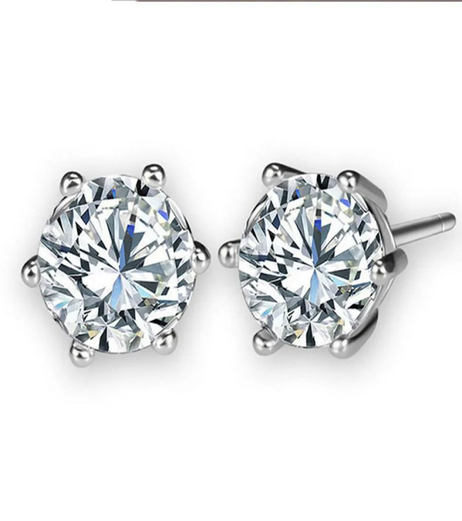 6Prong -inställningar Clear Zircon 18K White Gold Filled Classic Style Women Mens Stud Earrings Simple Gift8002191