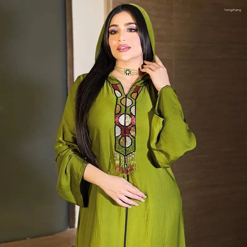 Roupas étnicas vestido abaya com capuz muçulmano para mulheres leves de luxo de luxo de miçangas manchas manchas de tassel marroquino caftan dubai peru omã