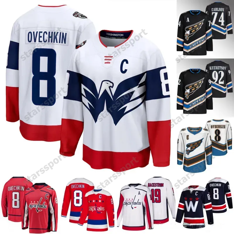 Venda quente 8 Alex Ovechkin 2023 Washington''Capitals''Jersey Darcy Kuemper Nicklas Backstrom T.J. Oshie Tom Wilson John Carlson Dylan Strome Kuznetsov Homem Mulher Juventude