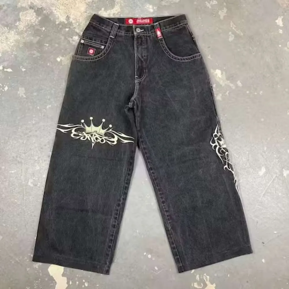 Streetwear JNCO Y2K Haruku Hip Hop rétro graphique brodé Baggy jean pantalon noir hommes Punk Rock gothique pantalon large