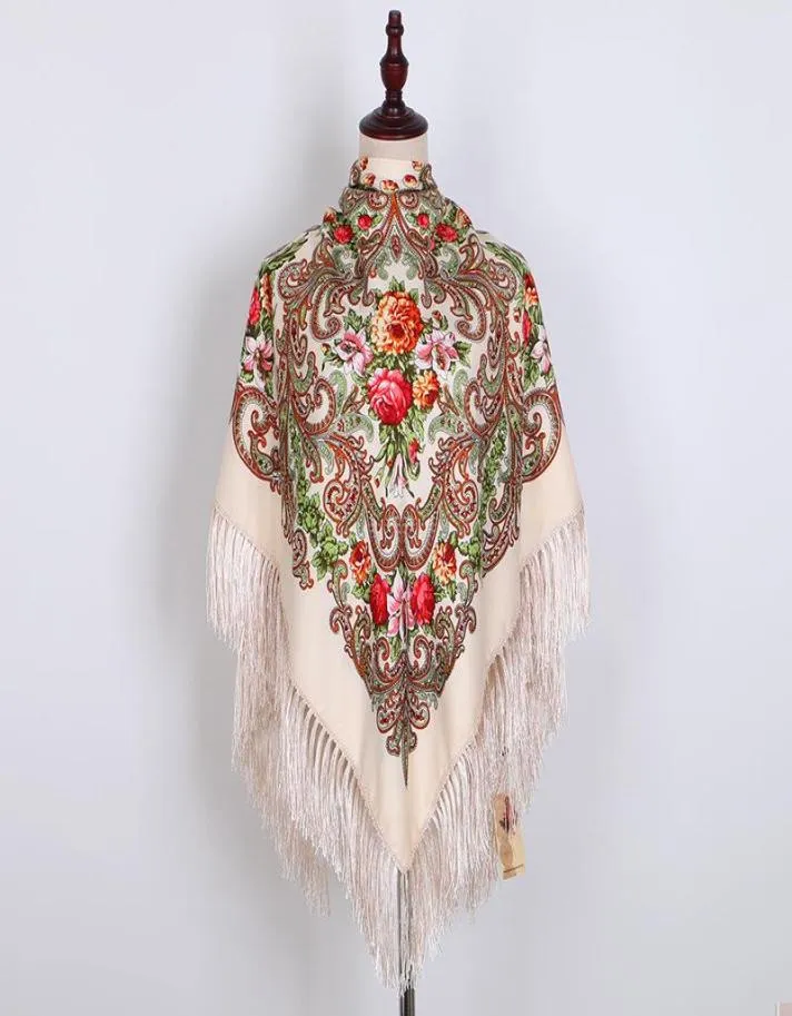 Chales bufanda rusa ucraniana con flecos tradicionales florales polacos mujeres cuello envoltura para la cabeza Vintage antiguo Hijab Poncho7998990