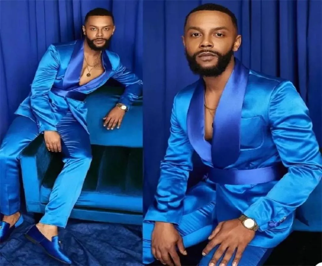 Deux pièces hommes costumes soie Satin Tuxedos été tenue de fête ajustement mode bleu affaires pour homme pointe revers Blazer Suit6573661
