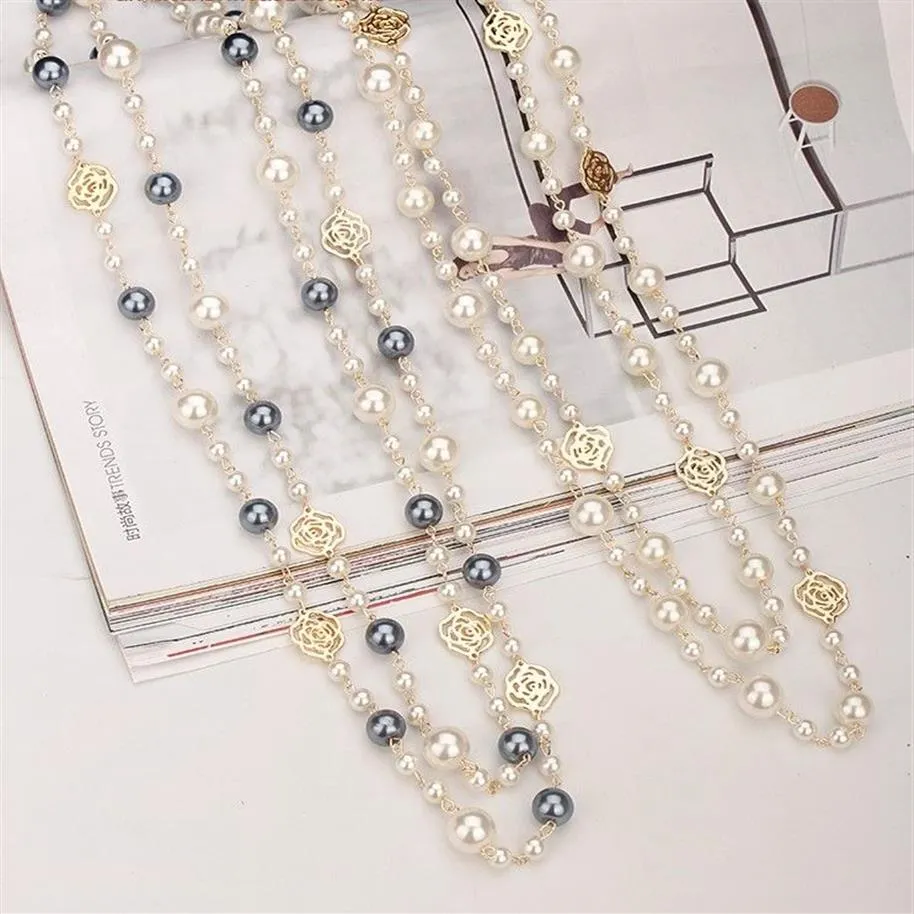 Fashion designer luxury classic style hollow roses elegant bright pearls long sweater statement necklace for woman226H