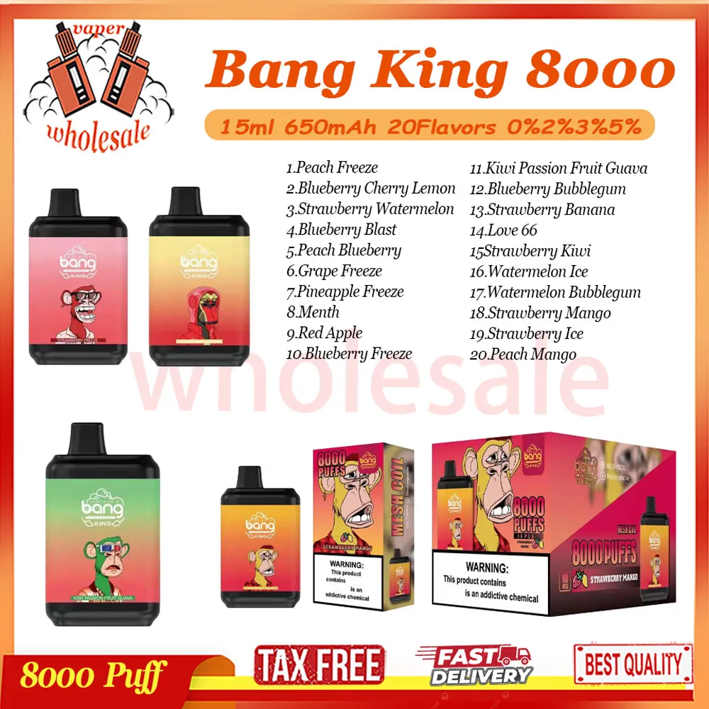 Auténtico Bang King 8000 Puff Vape Pen 8k E Cigarrillo 650mAh Bobina de malla recargable 15 ml POD pre-relleno 0% 2% 3% 5% Dispositivo de vaporizador de nivel 20 Sabores en stock