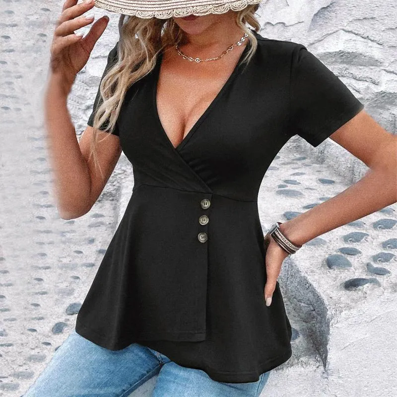 Dames Blouses Effen Kleur Sexy V-hals Shirt Korte mouwen Tops Vrouwelijk 2023 Enkele rij knopen Zomer Taille Dun Klein Voor Dames Elegant