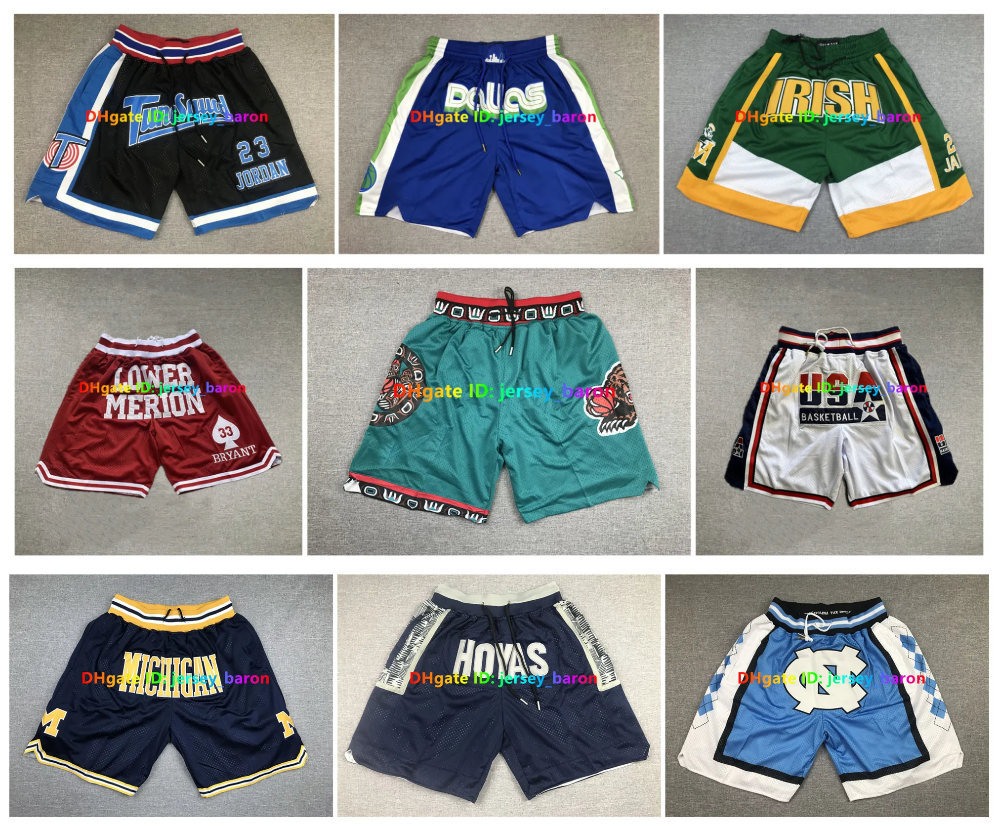 Throwback-Team-Basketball-Shorts, nur kurz, kurzer Korb, USA-Fußball, mit Tasche, Reißverschluss, Hip-Pop-Sportbekleidung, Hose, Jogginghose, Bryant Lower, Merion, Georgetown Hoyas