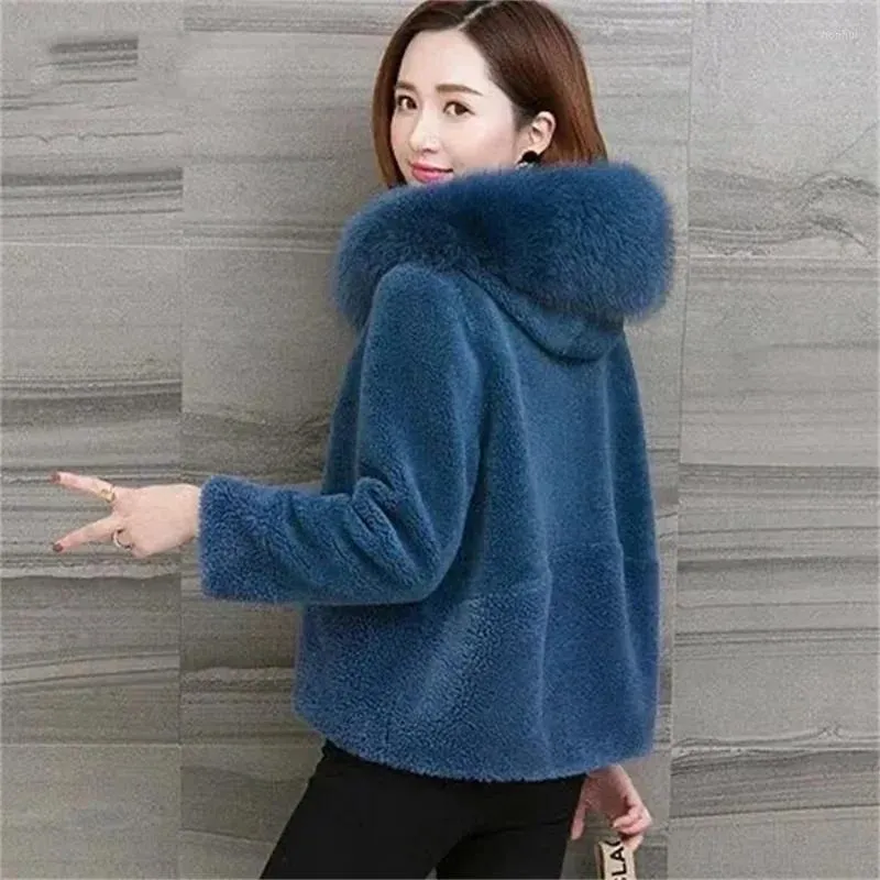 Women's Fur Faux Coat Sheep Shearling Autumn And Winter Granular Velvet Korean Short Collar Hooded Female