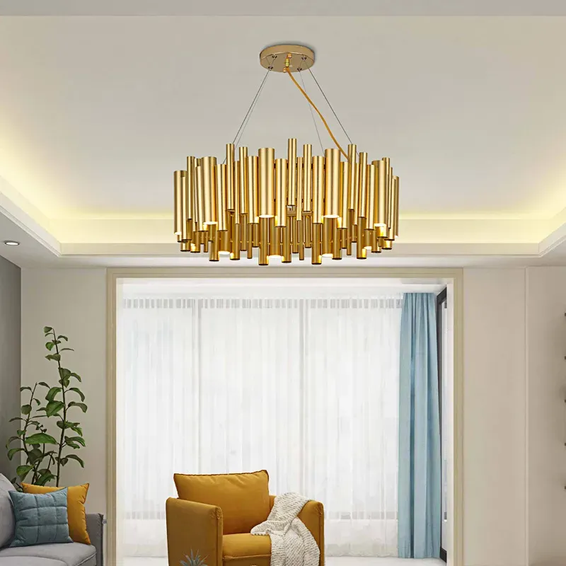 Metal Pendant Lamps Tube Chandelier Lighting Gold Stainless Steel Lamp Rectangle Dining Room Kitchen LED Hang Light Fixtures