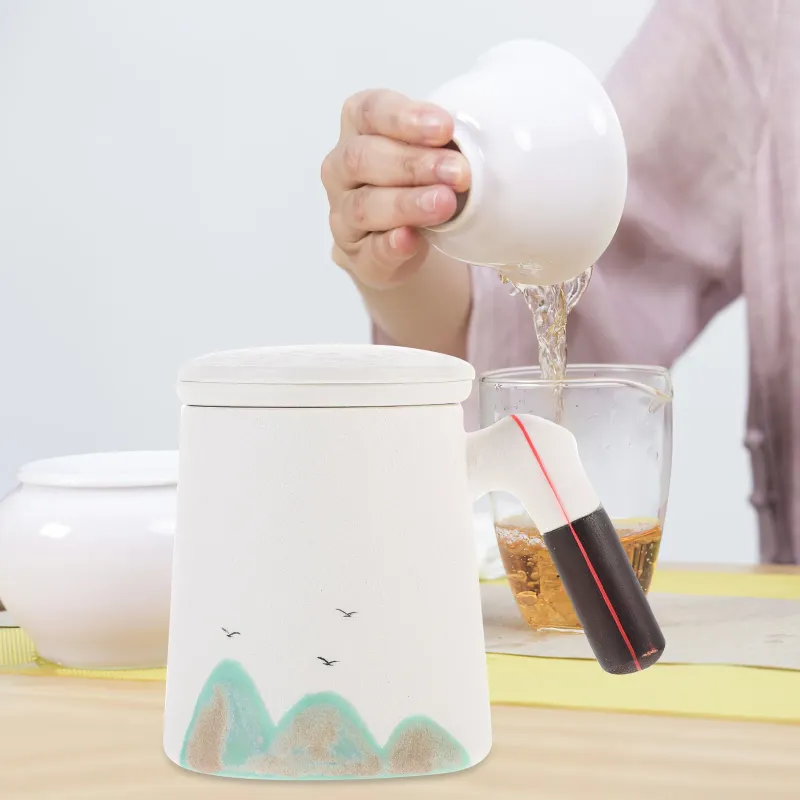 食器セット木製ハンドルティーカップマグカップ装飾的なコーヒーフィルターオフィスの家庭用陶磁器ポータブル蓋