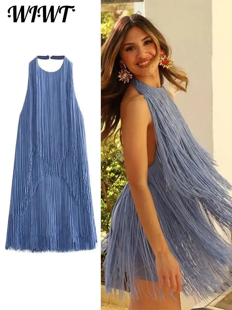 Mini vestido sexy con borlas y espalda descubierta, vestido azul holgado con cuello Halter sin mangas, vestidos de fiesta de noche para mujer, Vestido de verano 2023 231228