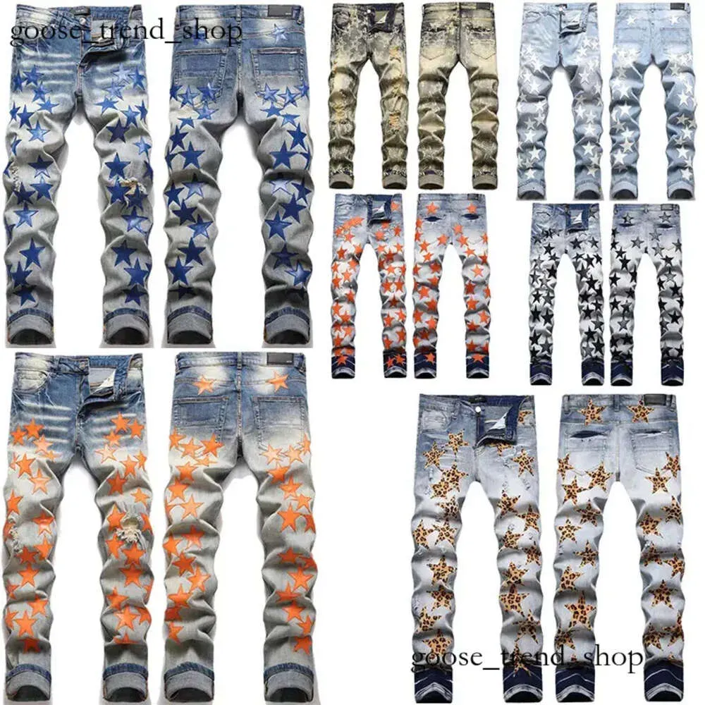 214 Designer Amirs Patch Jeans Street Men's Mens Slim-Fit Hole Size Star Star Womens Pants Stretch Trousers Panel Embroidery High byxor 800
