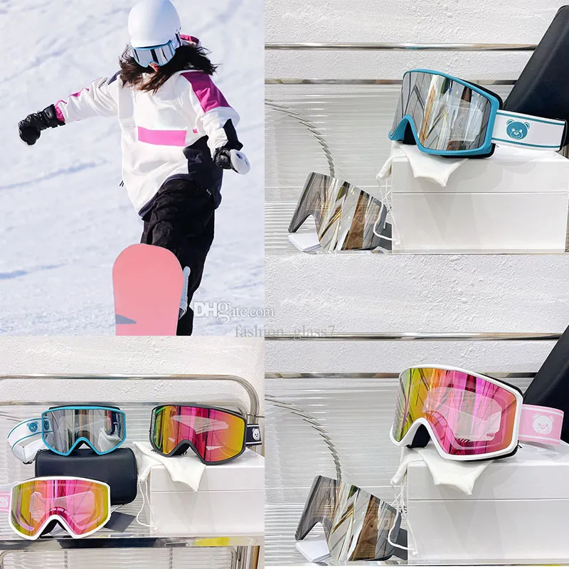 Womens Luxe en modieuze buitenski -bril Designer Hoogwaardige super grote fit Goggles Heren Kleurrijke skiglazen met doos