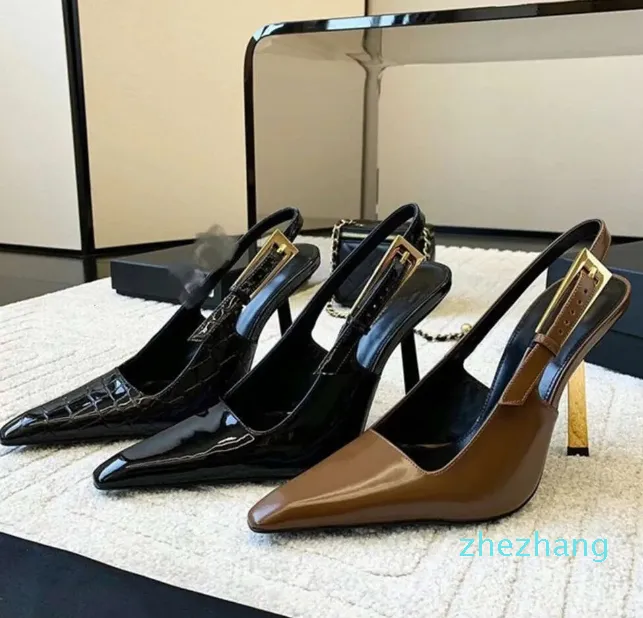 Designer Pompes en cuir brillant Sandales sexy Lee LEE ENGARDE PEUT-PEUTURE SLINGBACK STILETTO Talons hauts noirs et dorés à talons pointu