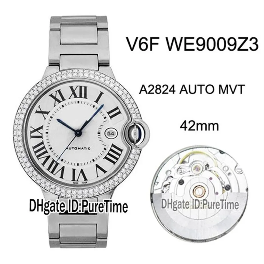 Nouveau V6F WE9009Z3 ETA A2824 Montre automatique pour homme Lunette en diamant Cadran texturé blanc Marqueurs romains noirs Bracelet en acier Édition 275y