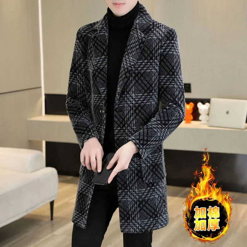 Hiver plus coton épaississement haut de gamme mode tout-en-un coréen mince beau manteau en laine pour hommes long trench-coat épais hiver 231227