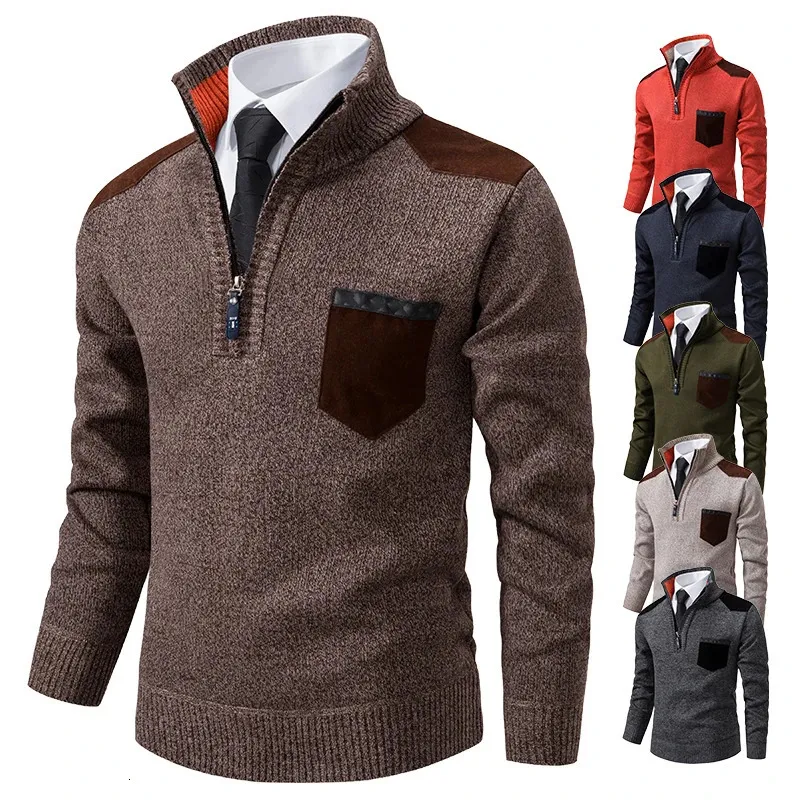 Jersey suéter para hombre camisa polo gruesa de cachemira camisa fría con cadena de media tracción coreana cuello levantado chaqueta de otoño tela lujosa 231228