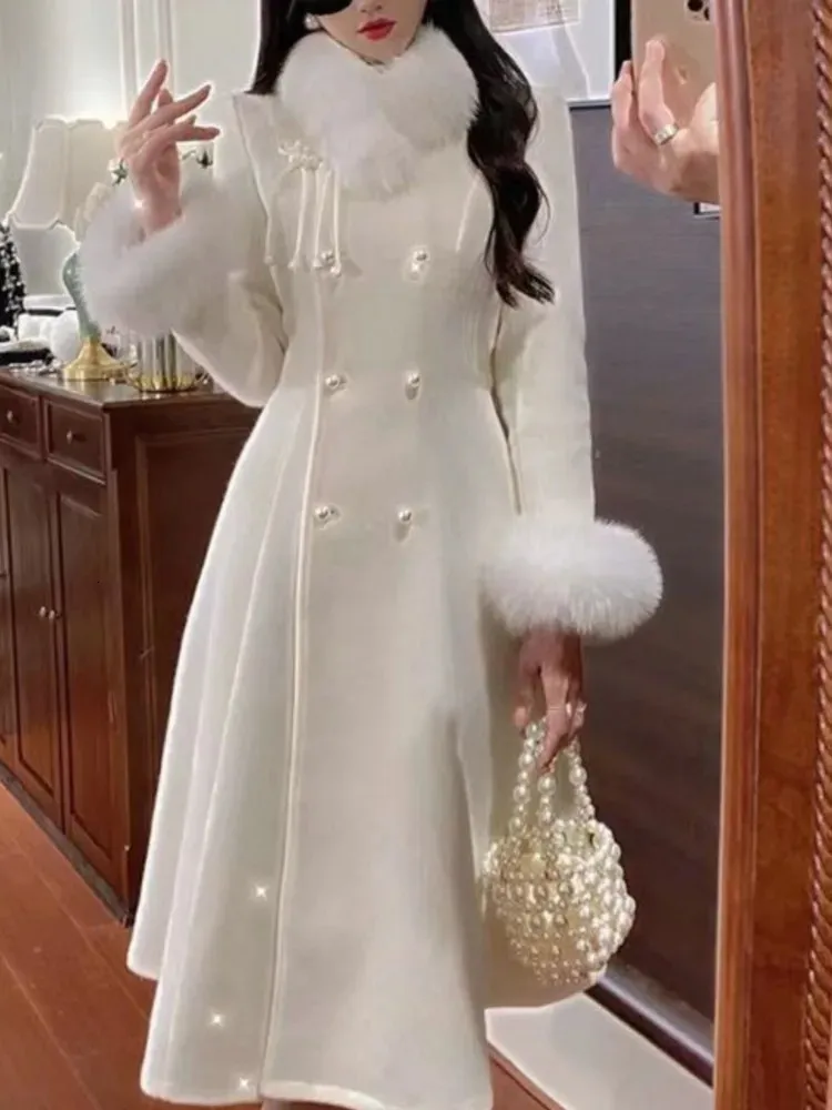 2023 зимние женские винтажные шерстяные пальто в китайском стиле, женские элегантные двубортные трапециевидные длинные женские белые пальто с меховым воротником 231228
