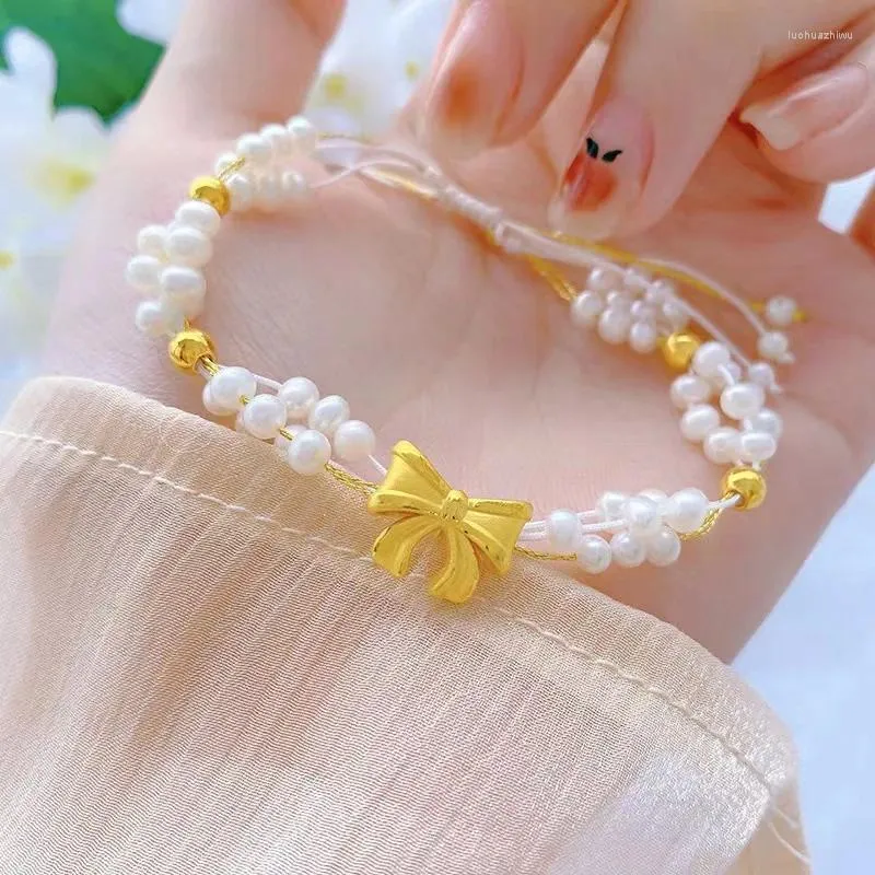 Link Bracelets Sense Of Design Niche Light Luxury Fashionable Bow Bustling Imitation Pearl High-end Handmade Woven Bracelet For