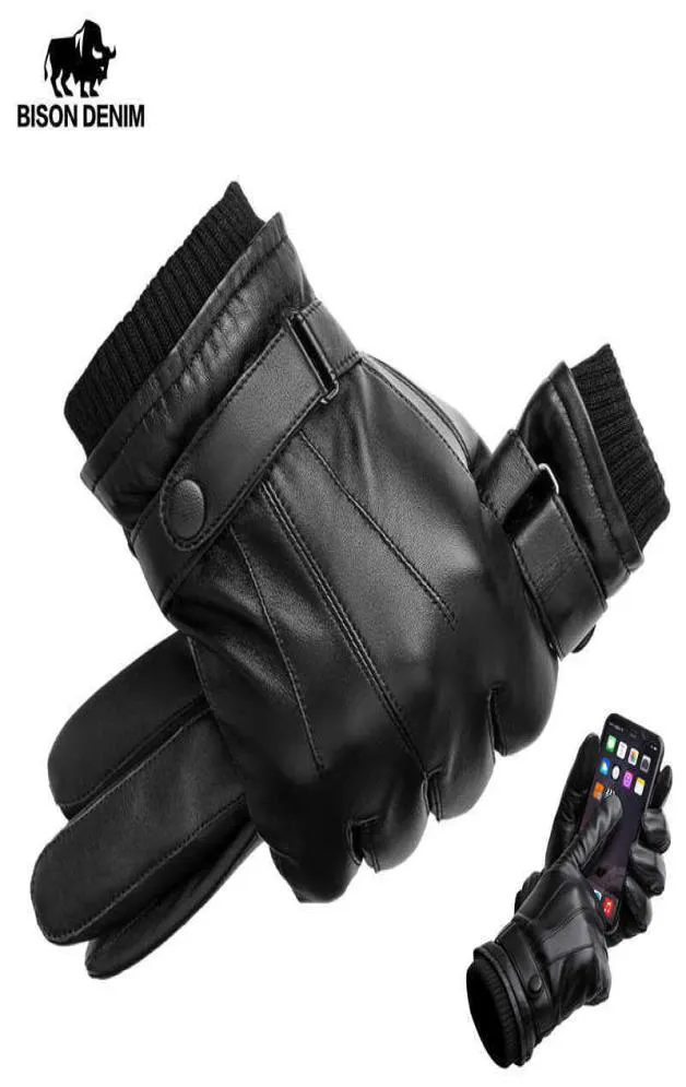 BISON DENIM Men039s Genuine Leather Gloves Touch Screen Gloves for Men Winter Warm Mittens Full Finger handschuhe Plus Velvet S7733965