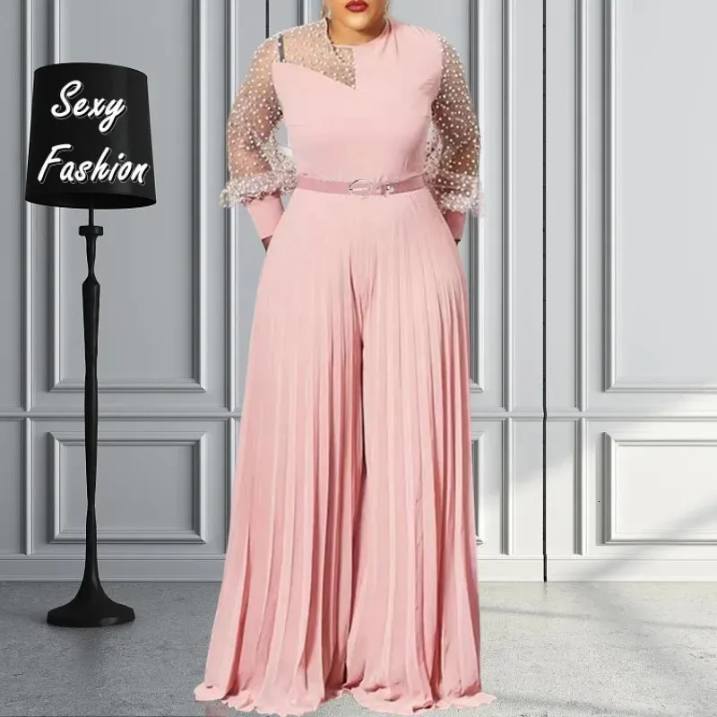 S-5xl Herfstoutfits Vrouwen Roze Mode Plus Size Jumpsuit Slanke Geplooide Lange Mouw Rompertjes Elegante Kleding Groothandel Drop 231227