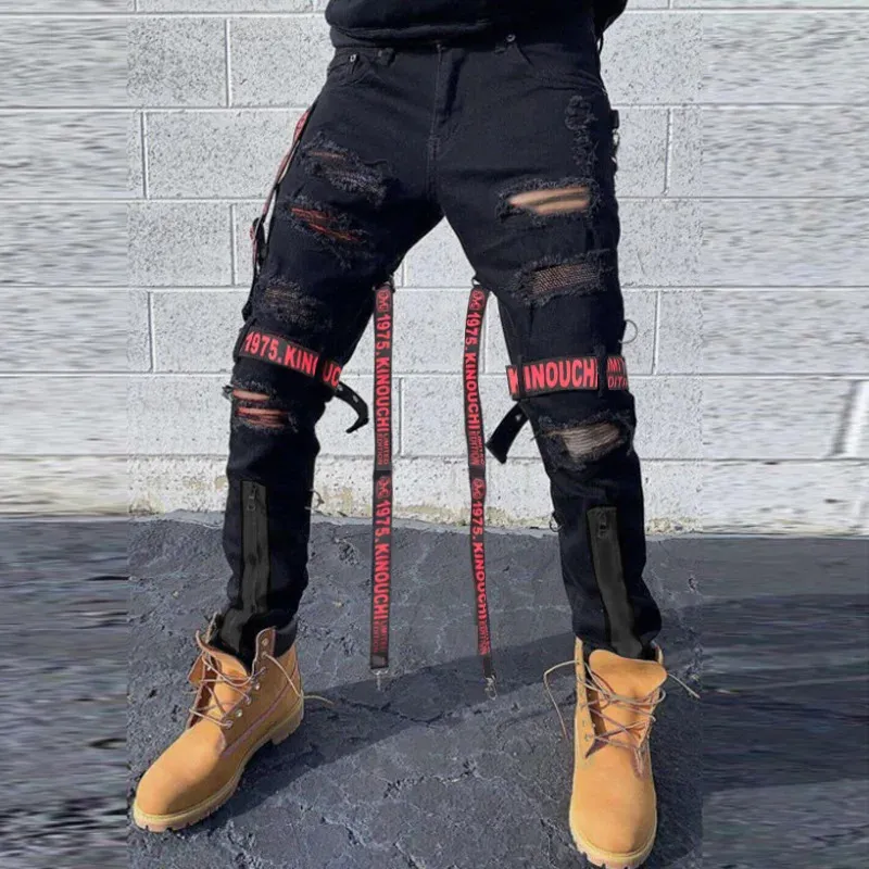 Techwear Mens Patch Stitch Ripped Skinny Jeans ... From Youngstore02 ...
