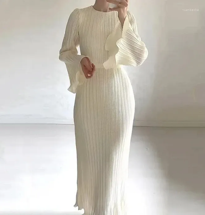 Повседневные платья, женские модные простые однотонные длинные юбки 2023 года с круглым вырезом и деревянными ушками с расклешенными рукавами, тонкое платье