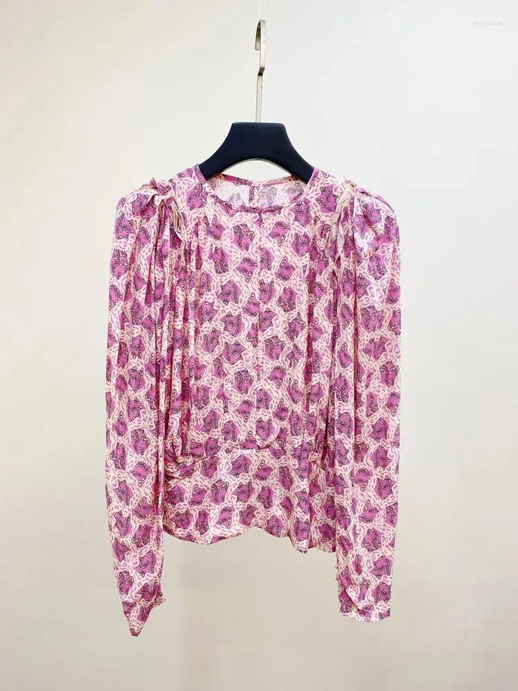 Blouses feminina Blusa Blusa azul rosa viscose de manga comprida costura de babados floral ou pontilhado