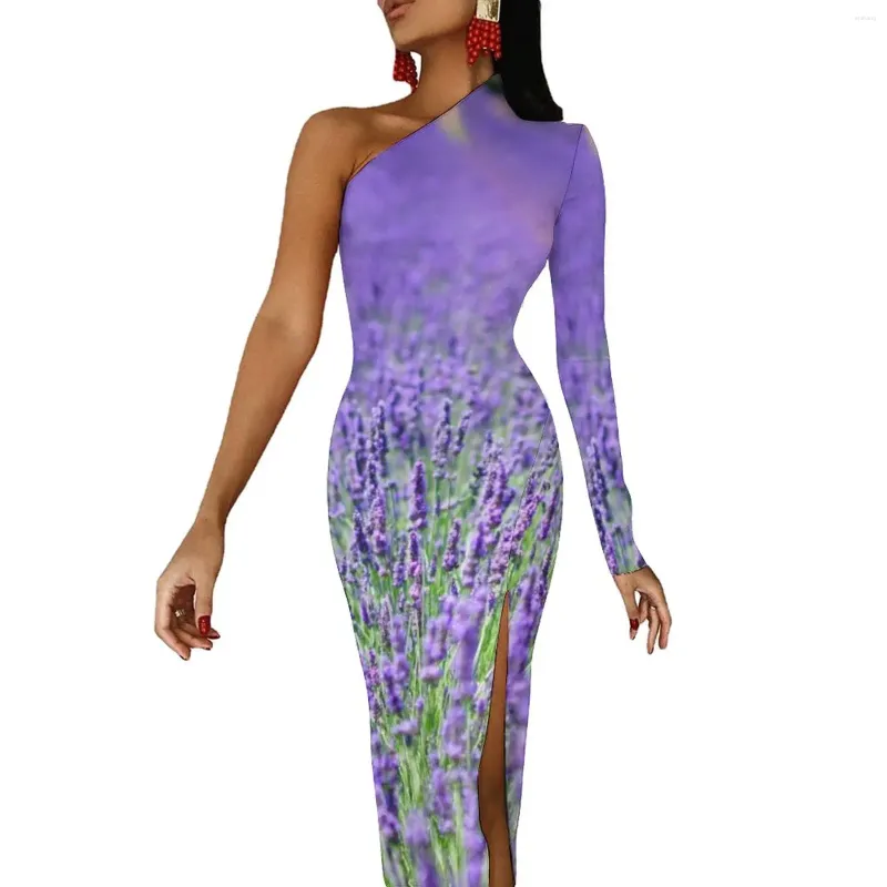 Vestidos casuales campos de lavanda vestido largo mujer flores púrpuras impresión estética maxi elegante bodycon alto hendidura vestidos gráficos