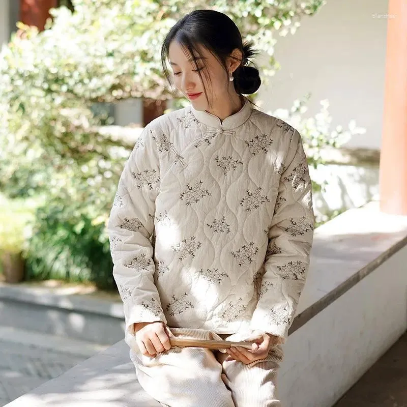 Women's Trench Coats Johnature Vintage Chinese Style Disc Buckle Cotton Clothing 2023 Winter Woman Long Sleeves Embroidery