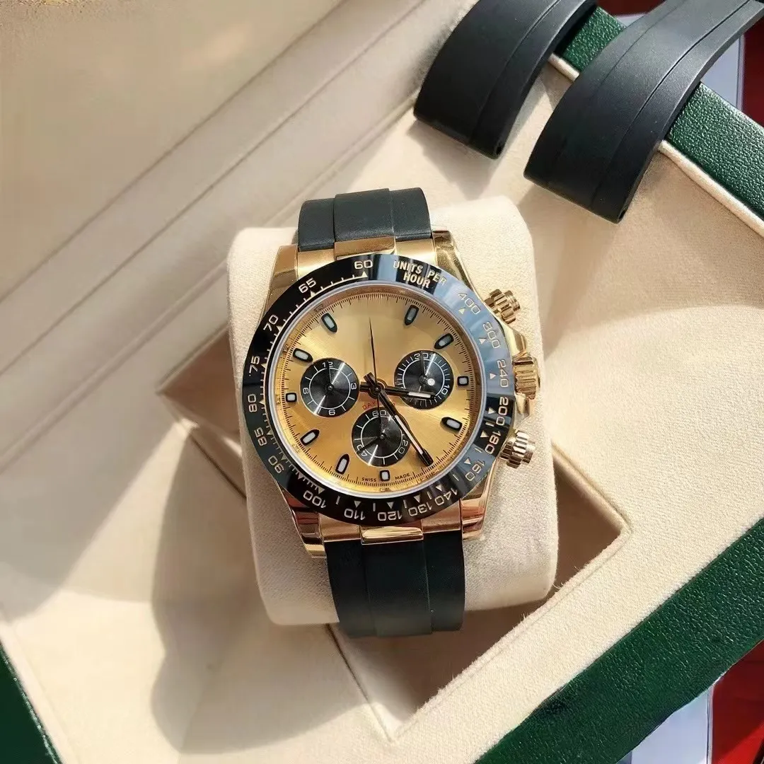 Met originele doos automatisch herenhorloge 40 mm rubberen gouden band roestvrijstalen kast drie ogen saffier waterdichte horloges Luxusuhr montre de luxe 69