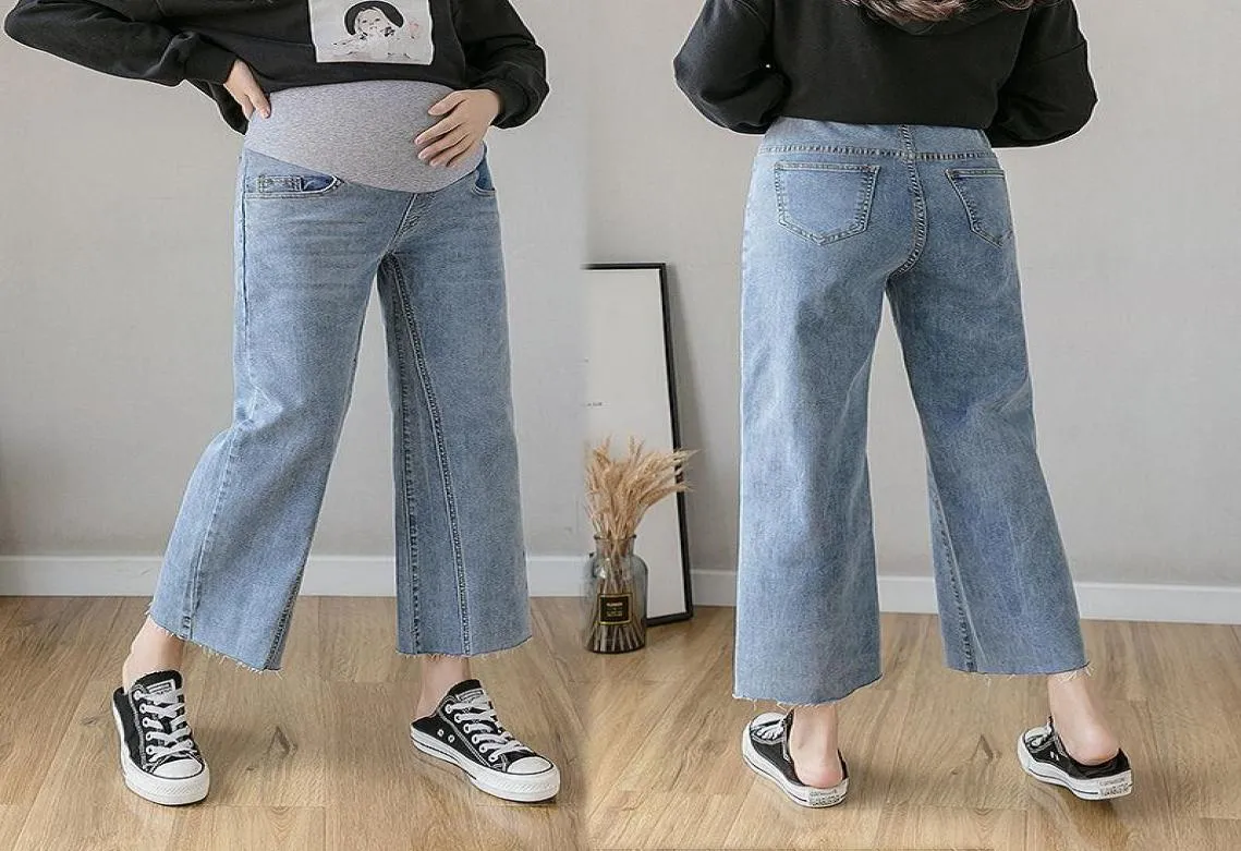 Pantaloni estivi a gamba larga svasati Pantaloni jeans premaman in denim Pantaloni pancia Vestiti per donne incinte Pantaloni da lavoro in gravidanza9668737
