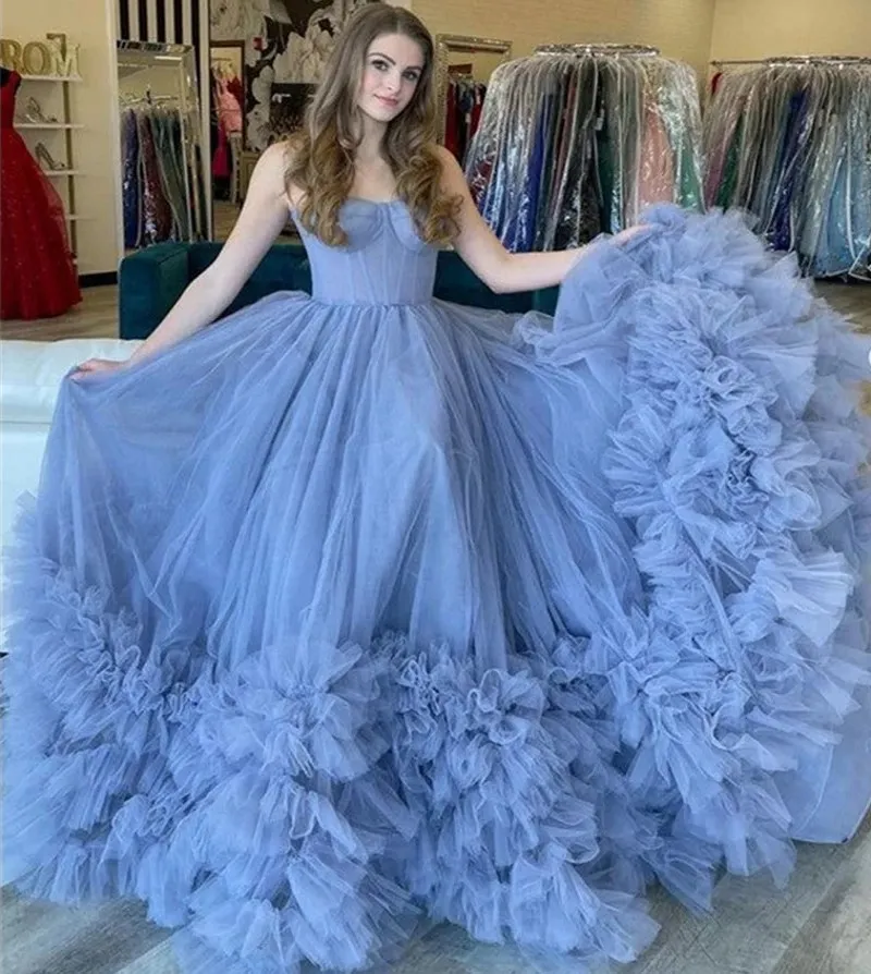 mode blauwe prom verjaardag jurk 2024 strapless ruches trein tule avond formele feestjurken vestido de gala robe de soiree op maat