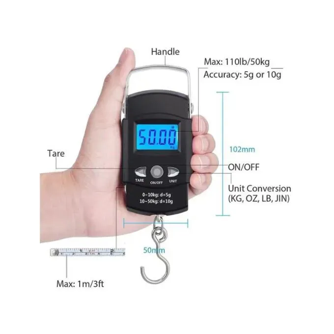 50kg/10g Luggage Hook Scale with 100cm retractable tape measure Ruler Electronic Hanging Digital Weighting Baggage Bag Balance Scales